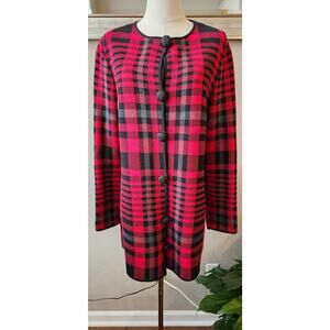 NWOT Talbots Button Front Plaid Tunic Cardigan Sweater Women Size M‎ Red Black